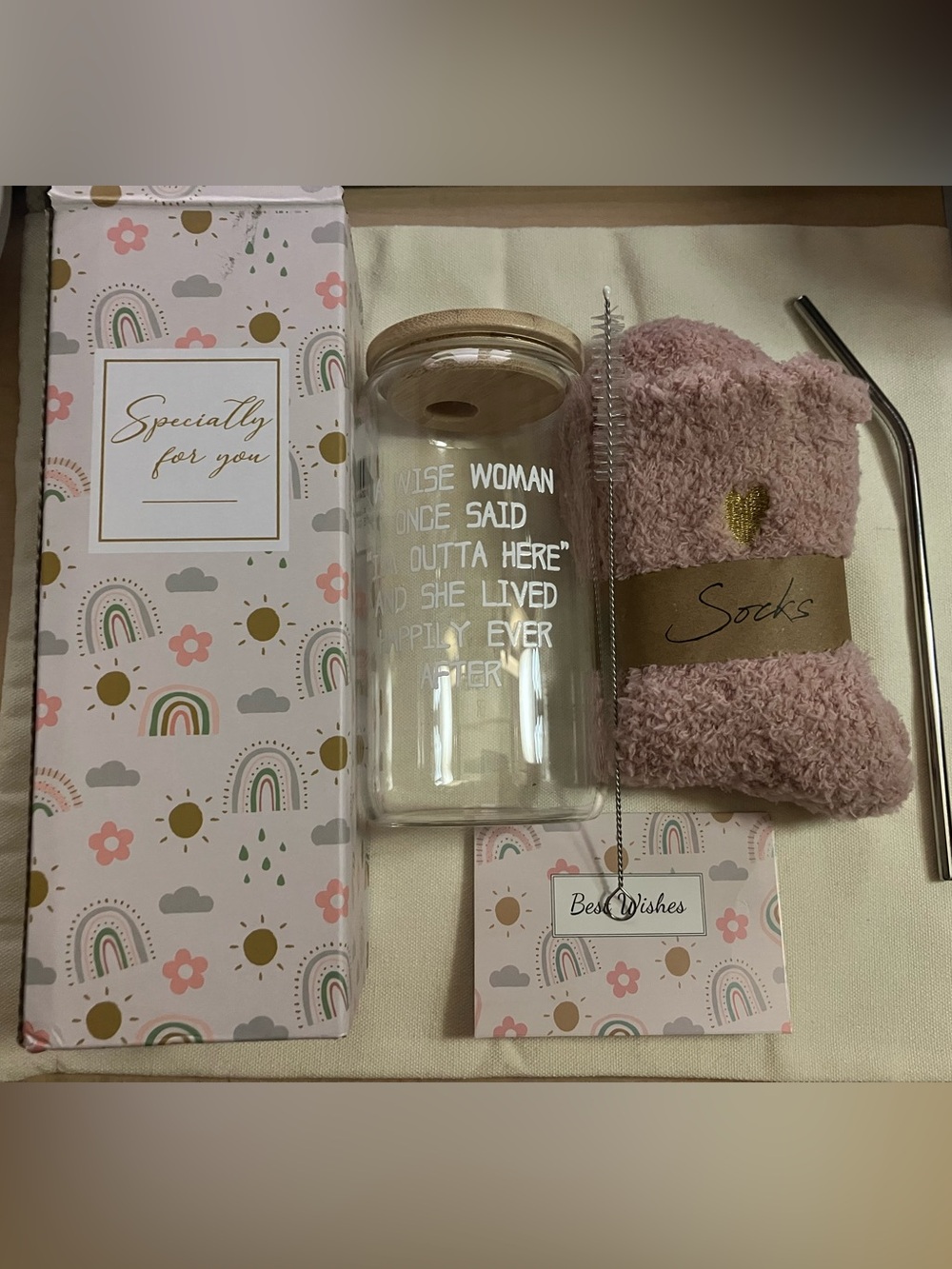 Leaving/Retirement Gift Set - Glass Tumbler with Metal Straw & Fuzzy Socks